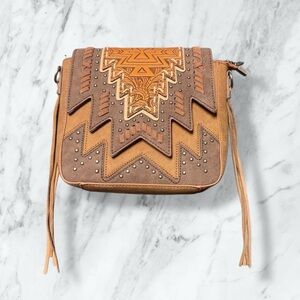 montana west tooled aztec collection crossbody - brown